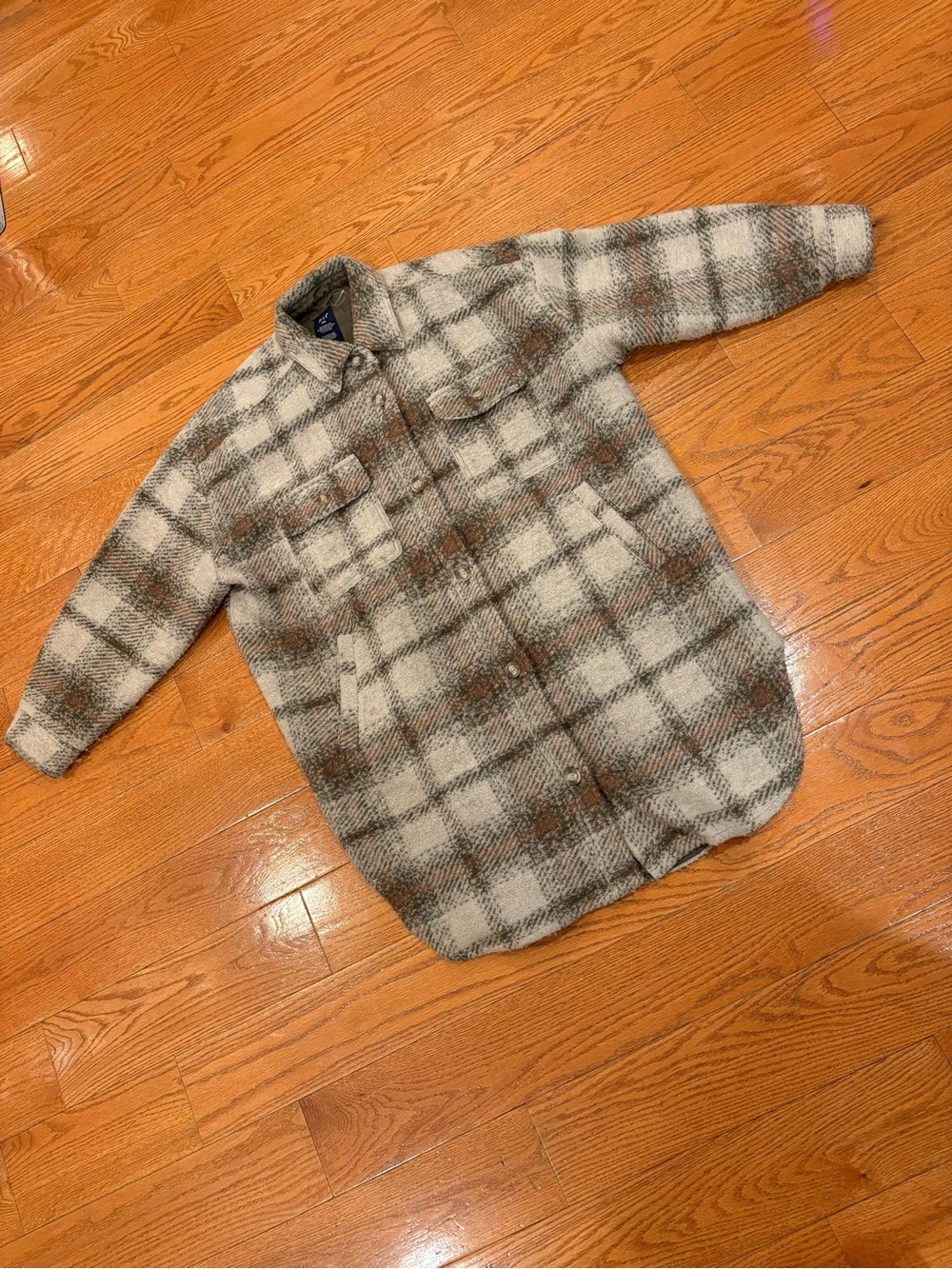 GAP Long Plaid Sherpa Shirt Jacket XXL Gray Brown Lined Shacket Longline Coat
